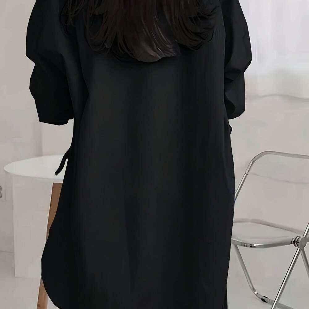 Black Chic Single Breasted Side Tie Loose Blouse - Picture 3 of 4